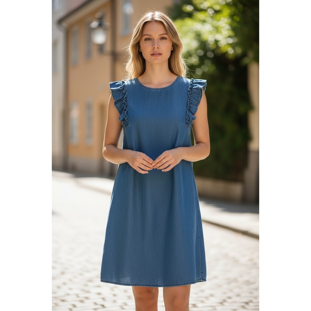 CeCe Blue Denim Ruffle Sleeve Shift Dress Womens Size 4 Cotton Mini Dress